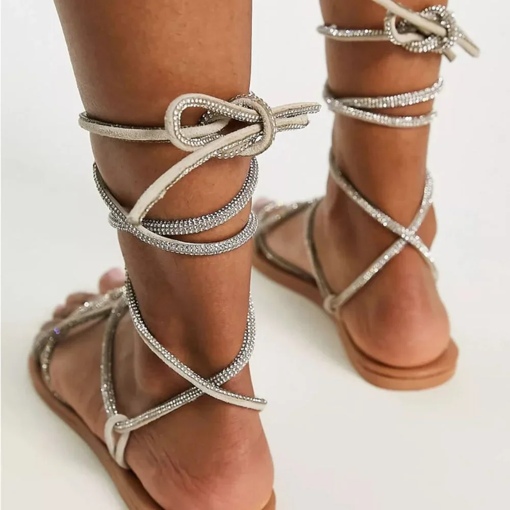 ASOS Design Faye Suede Leather Rhinestone Embellished Tie Up Gladiator Sandals